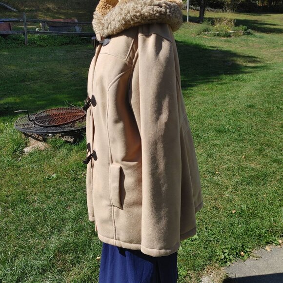Nautica Mid Length Coat Tan Zip Toggle Closure Faux Shearling Hooded Pockets - Picture 9 of 12